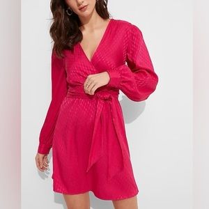 Express XL Sexy Pink Jacquard Satin Tie Waist Long Sleeve Mini Dress